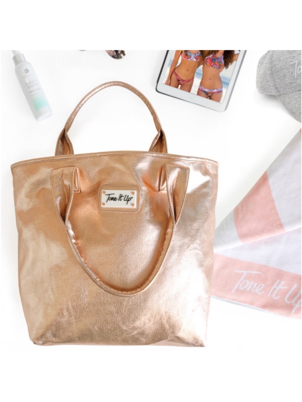 Tone It Up Metallic Rose Gold Shoulder Tote